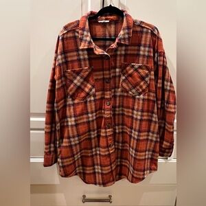 Maurices Warm-Toned Plaid Flannel Shacket with pockets
